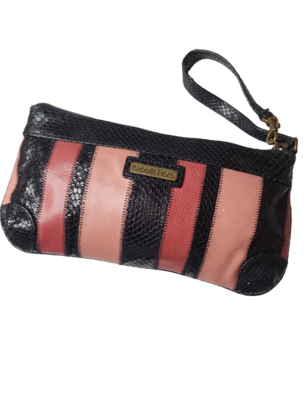 Isabella Fiore Pink and Black Striped Wristlet Clutch with Textured Trim